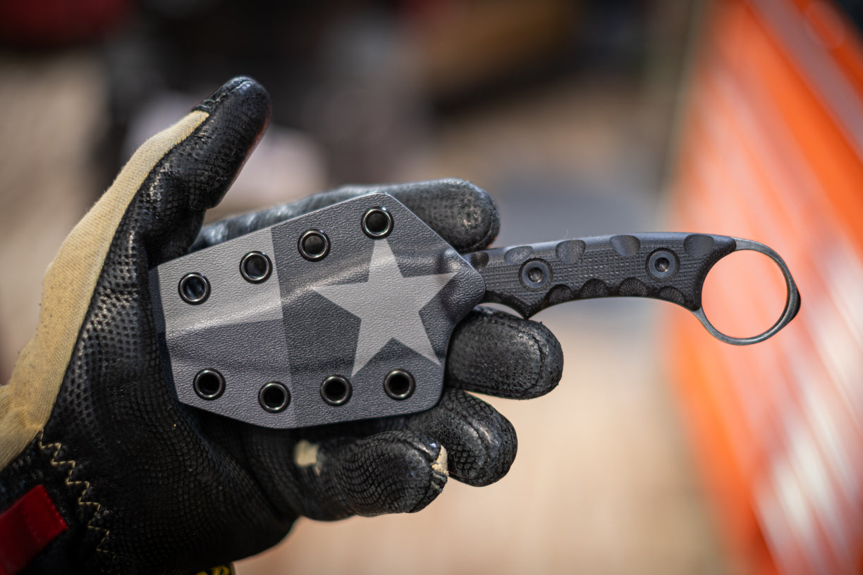 Made in Texas knife sheath with our Black on Black Texas Flag