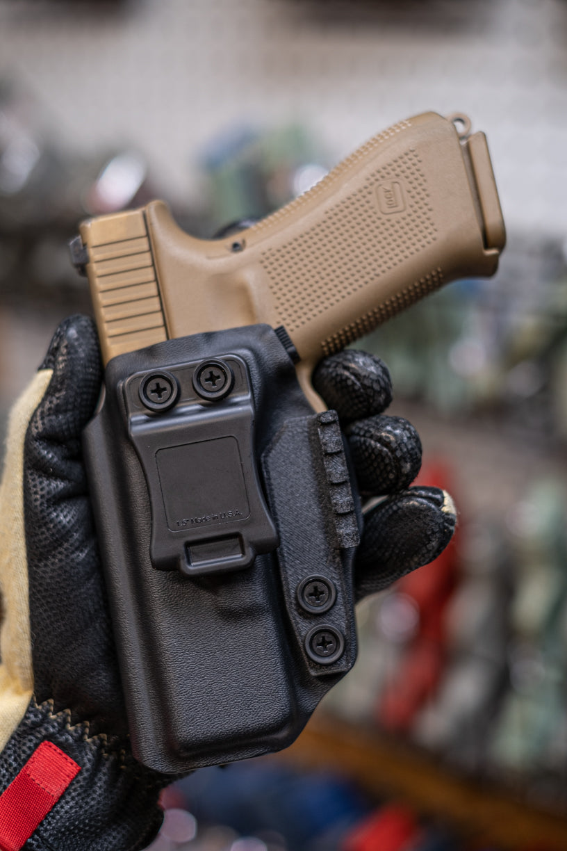 Inside the Waistband Kydex holster in Black for a Glock 19. Shown with our 3D Printed Anti-Print Wing.