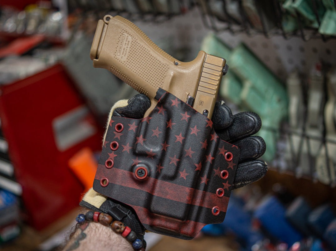 OWB Non-Light Bearing Kydex Holster in Blood Red American flag for a Glock 19.