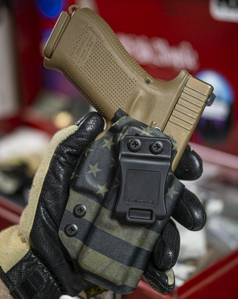 IWB Kydex Holster in American Flag Subdued OD Green for a Glock 19 G19.