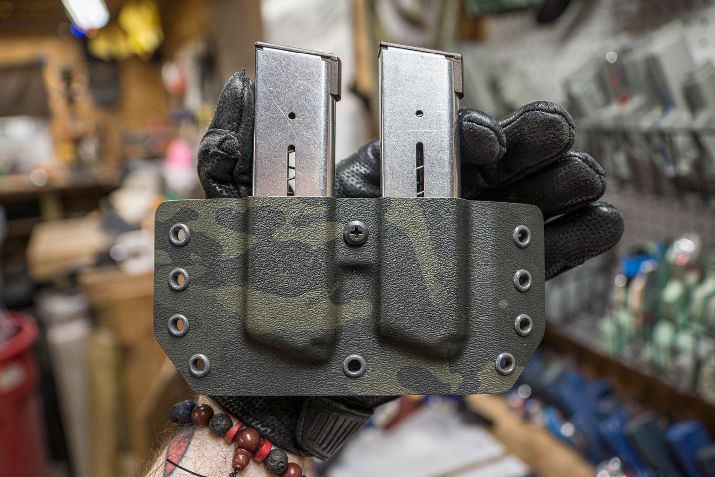 Double Magazine Carrier for a 1911 in Multicam Black Infused Kydex.