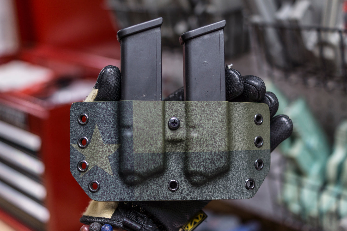 Double Magazine Carrier for a Glock in OD Green Texas Flag.