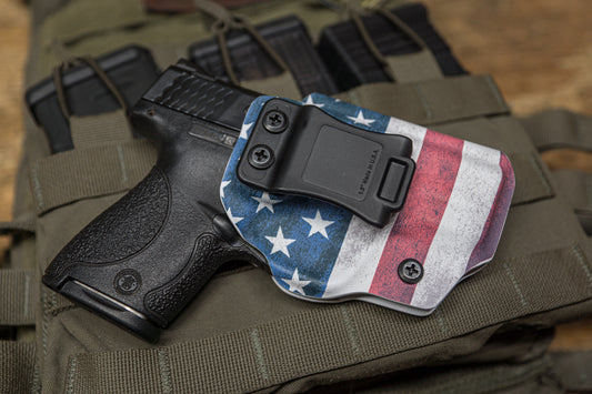IWB Holster in our Red/White/Blue American Flag infused Kydex for a S&W M&P Shield.