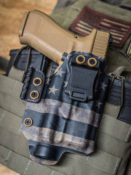 IWB Light Bearing Kydex Holster in FDE American Flag subdued infused Kydex.