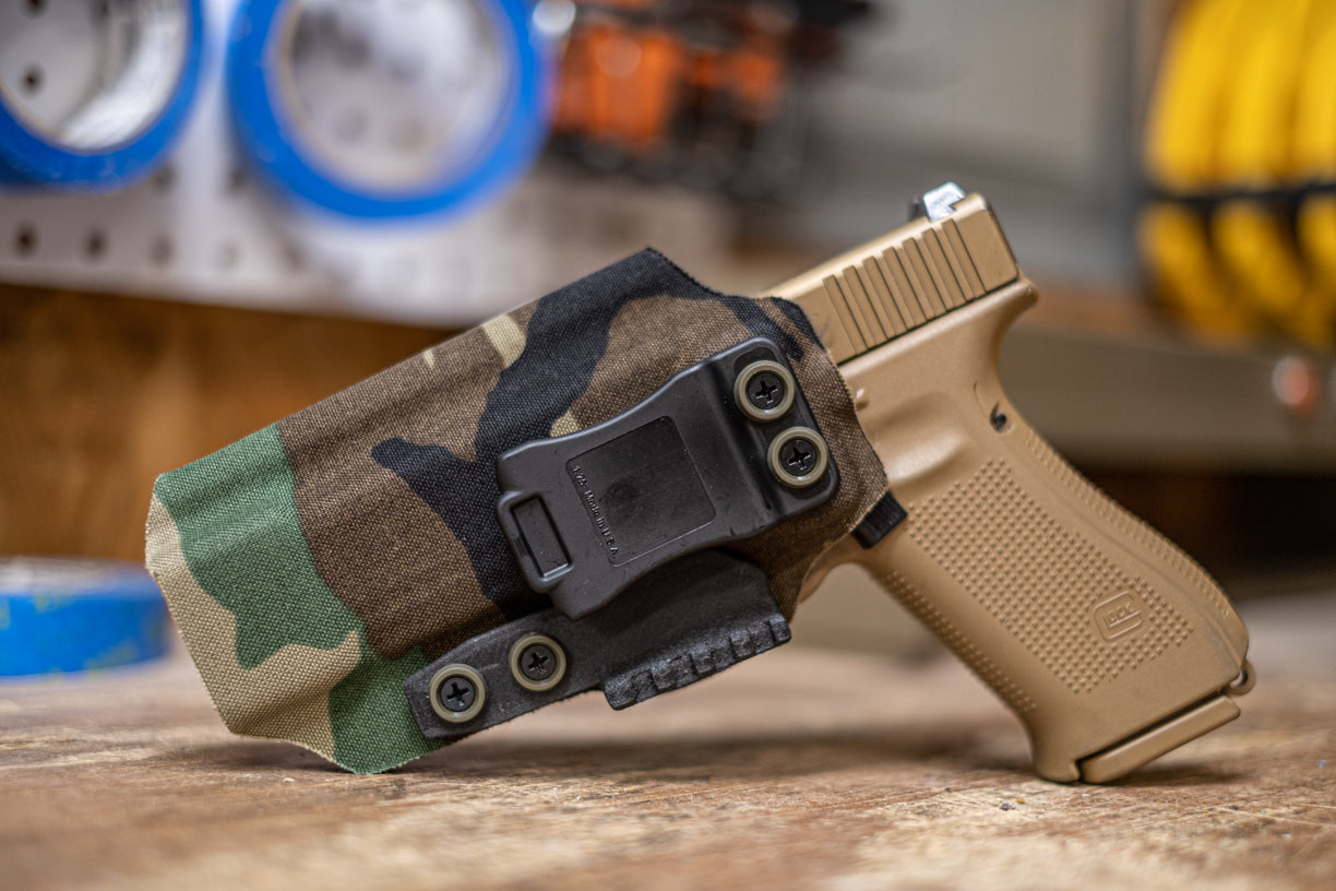 Woodland Camo fabric covered Inside the Waistband Kydex Holster.  Shown here for a Glock 19.