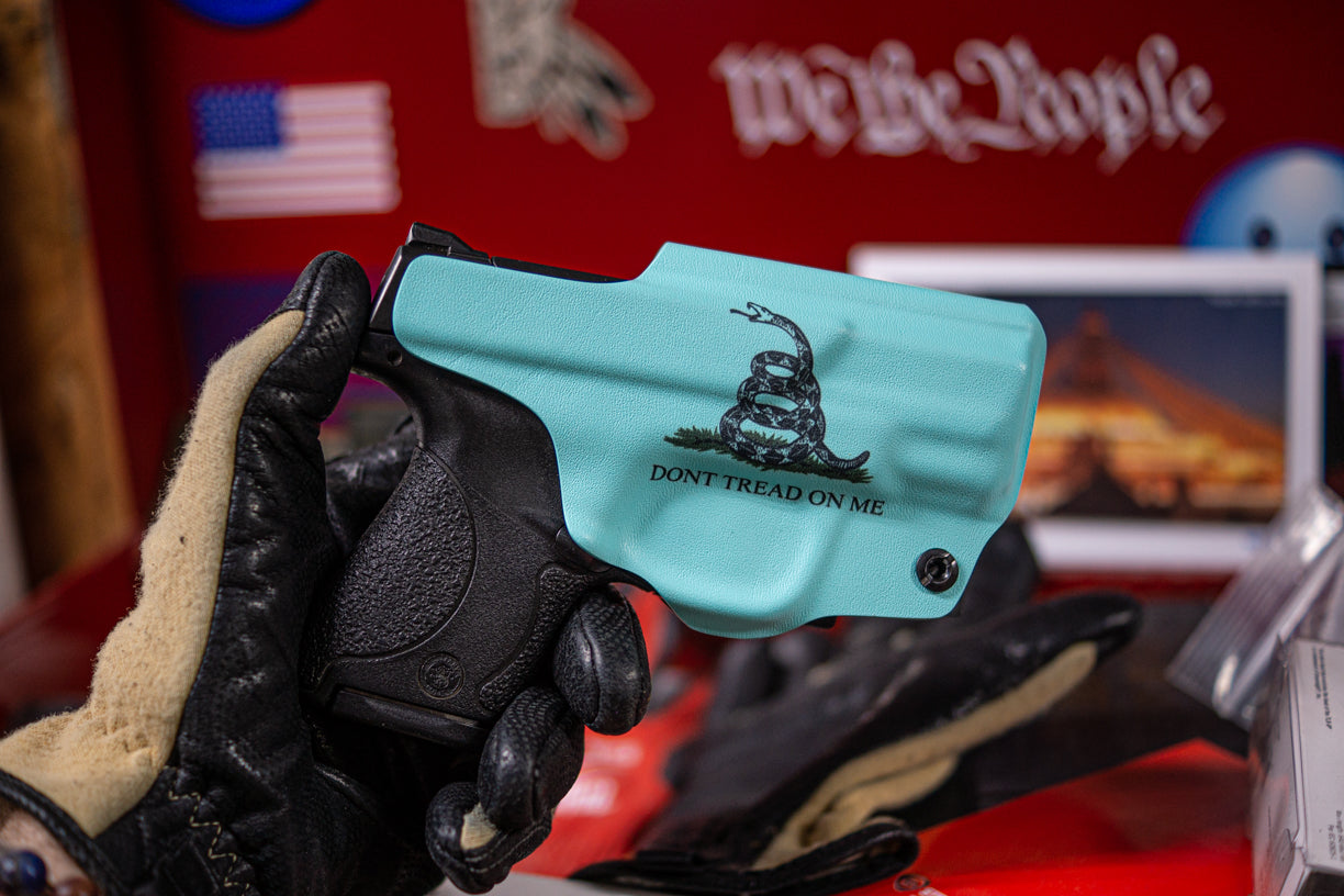 Dont Tread On Me custom print on Tiffany Blue Kydex. 