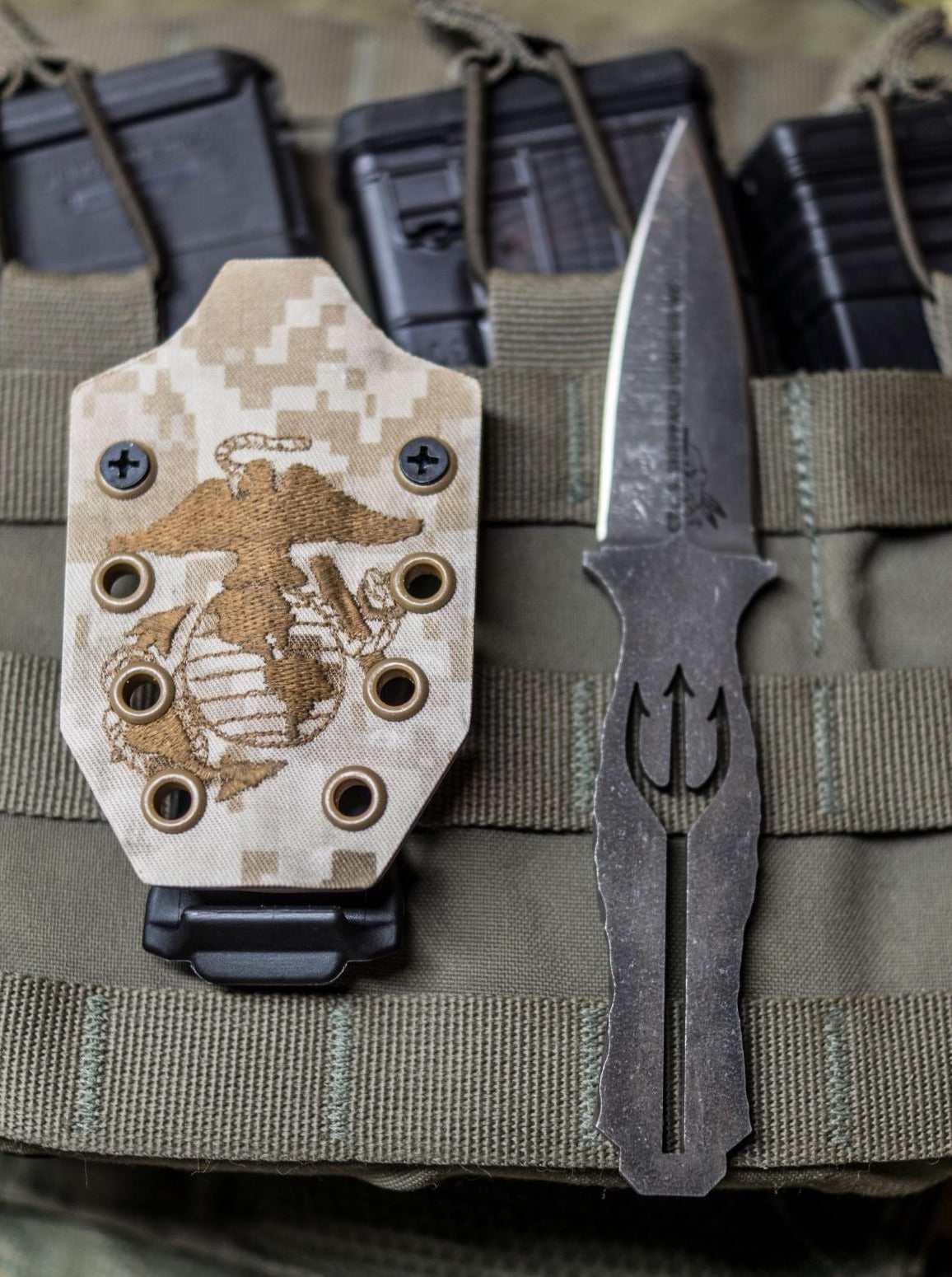 Half Face Blades knife sheath using USMC uniform material to adhere to the Kydex.