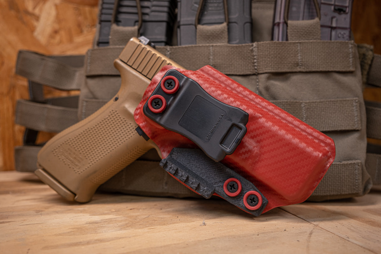 Inside the Waistband Kydex Holster in Blood Red Carbon Fiber.  Shown here for a Glock 19.