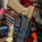 OWB Folder Over Non-Light Bearing Kydex Holster in American Flag Black on Black Thin Blue Line Law Enforcement Edition infused Kydex.