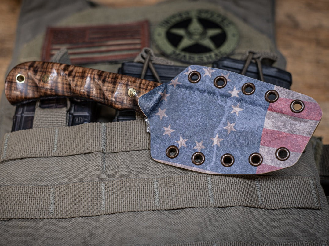 Betsy Ross Flag Infused Kydex knife sheath for a Half Face Blades Knife.