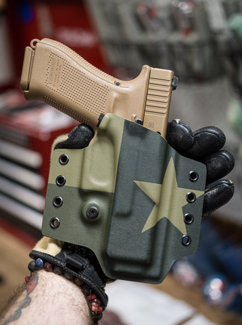 OD Green Texas Flag infused Kydex on an OWB Holster.