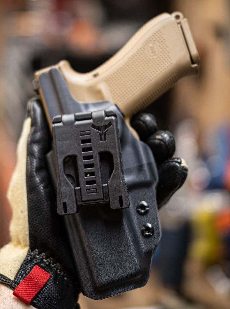 Outside the Waistband fold over Kydex holster in our Black on Black Texas flag.  Here is an example of the backside of the holster.